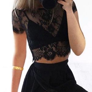 Navy lace pencil skirt and crop top set